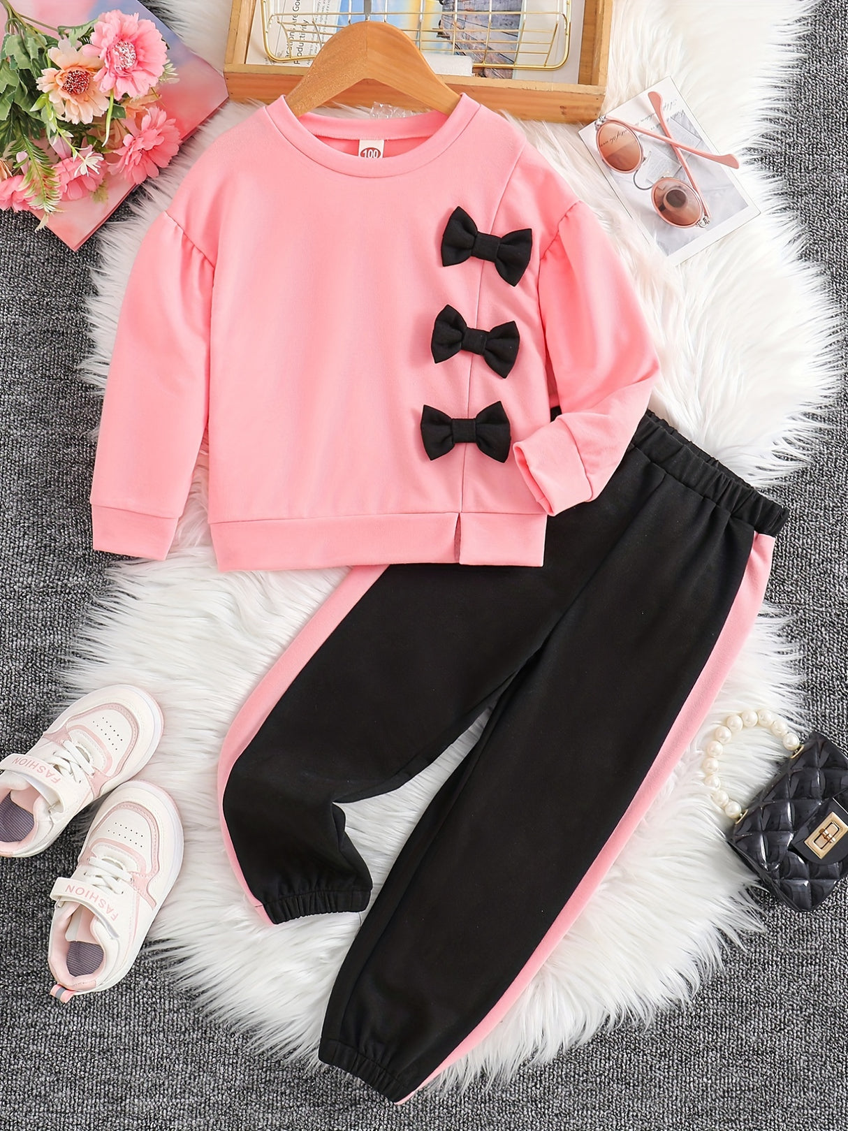 Girls 2pcs Sweatshirt & Elastic Waist Pants Set Bow Decor Long Sleeve Pullover Top Casual Kids Clothes Spring Fall
