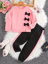 Girls 2pcs Sweatshirt & Elastic Waist Pants Set Bow Decor Long Sleeve Pullover Top Casual Kids Clothes Spring Fall