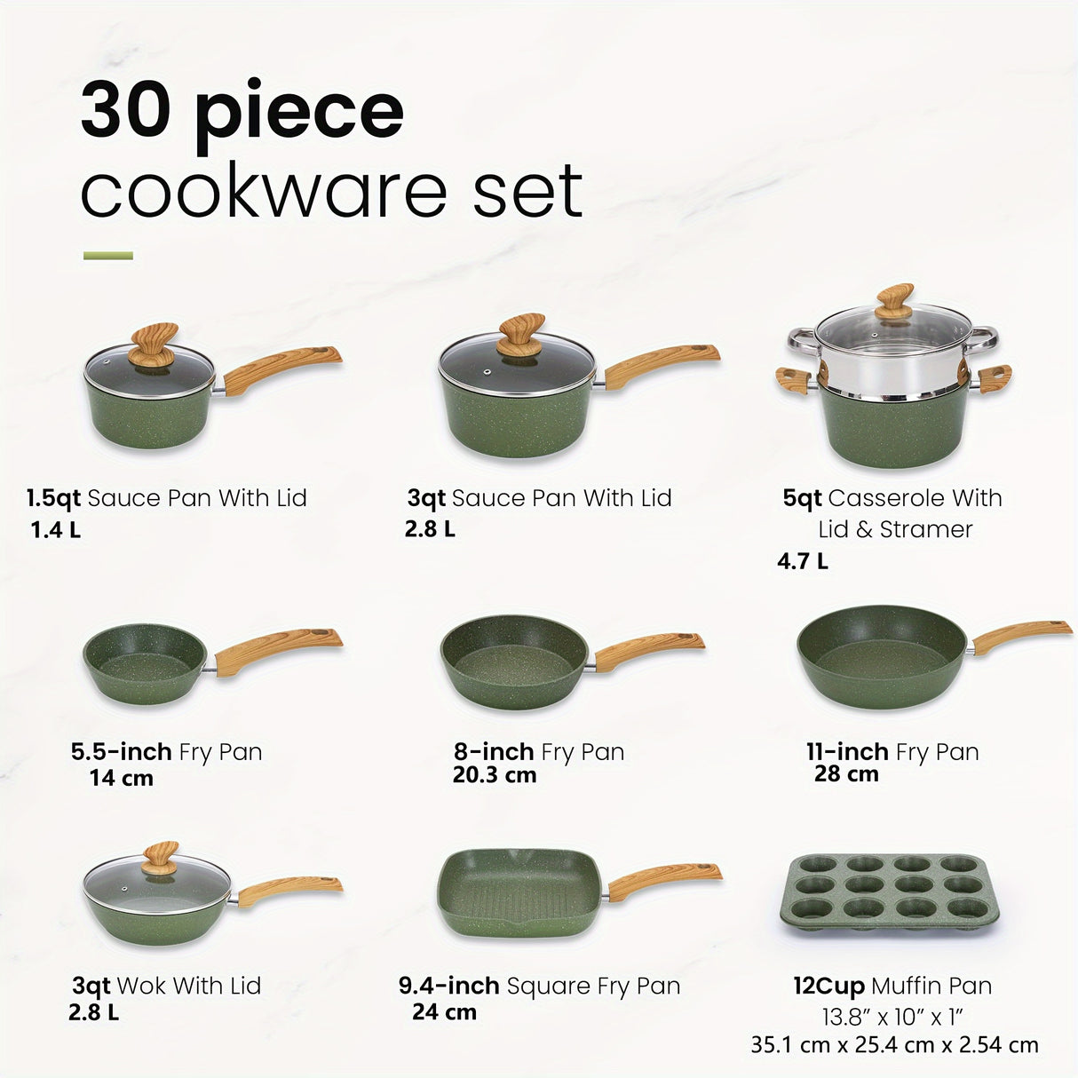 Mix Patio Pots And Pans Set Nonstick, 12/17/30 Pieces Induction Kitchen Cookware Set, Granite Coating Cooking Pans Set (Black, Green)