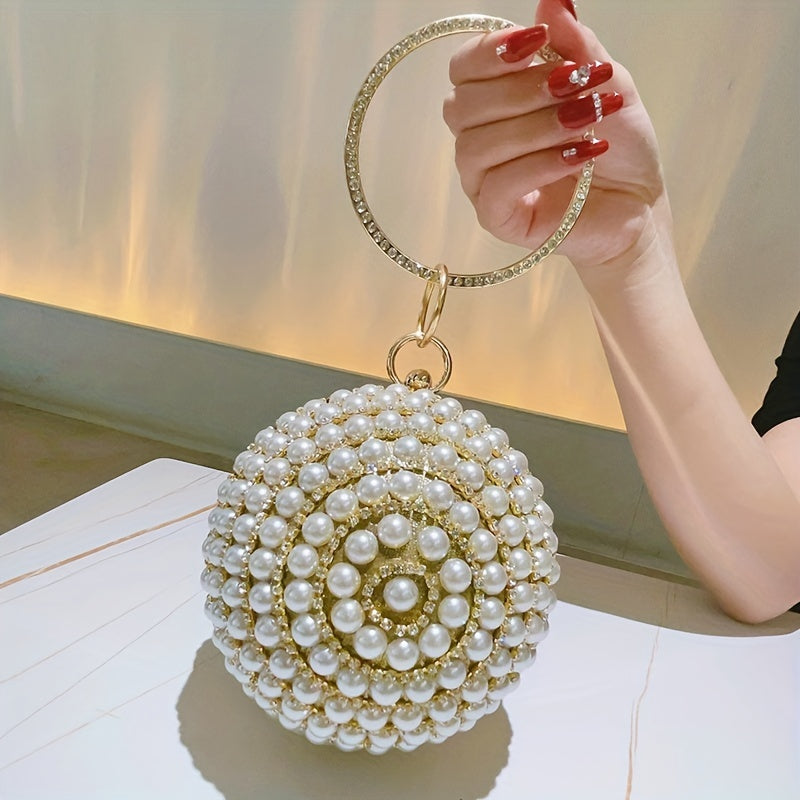 Glamorous Faux Pearl & Rhinestone Ball Clutch - Sparkling Evening Handbag for Weddings, Proms & Parties - Womens Fashion Purse