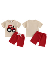 Toddler Boys Summer Outfits Truck Embroidered Round Neck Short Sleeve T-Shirts Elastic Waist Shorts 2pcs Clothes Set