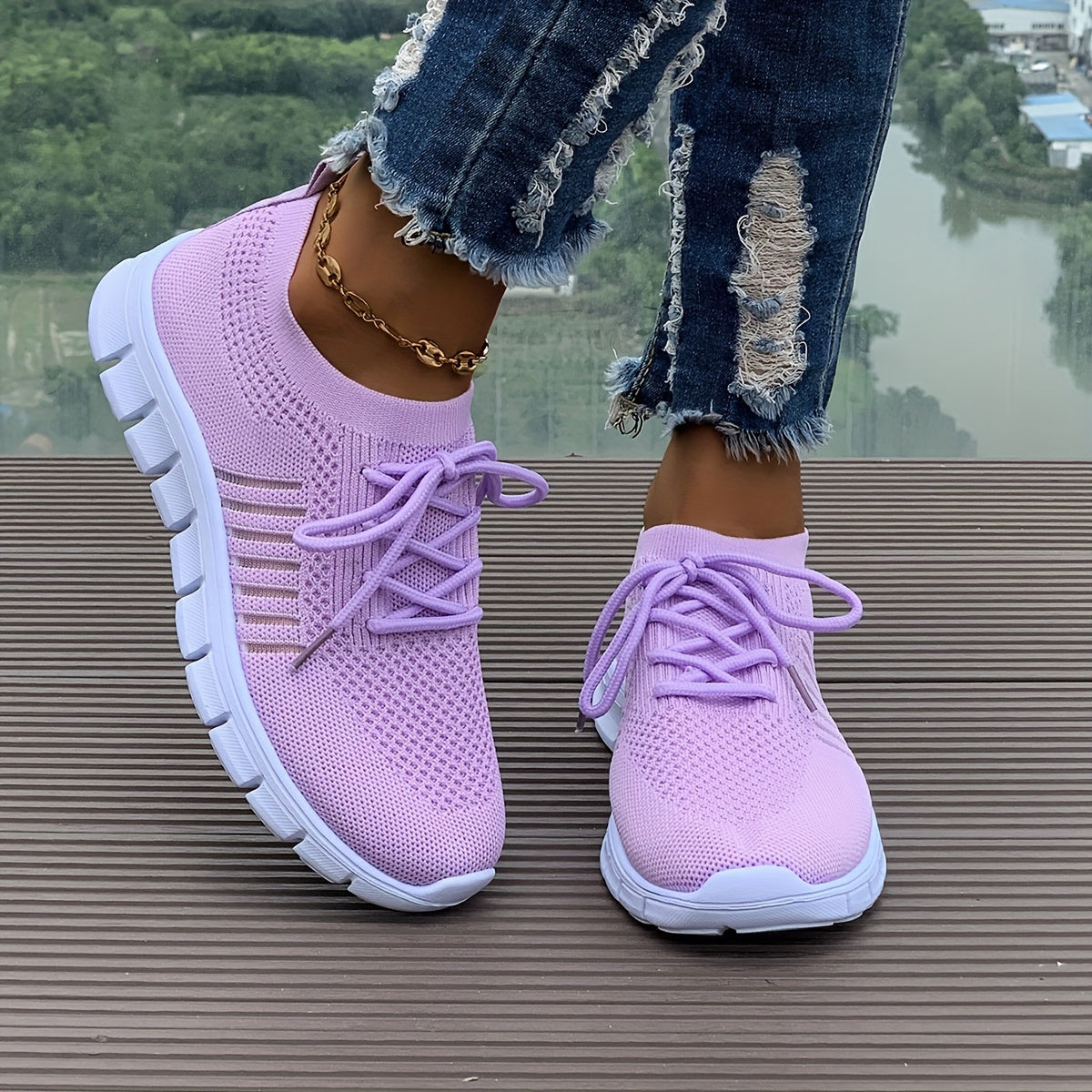Women's Mesh Breathable Running Shoes, Solid Color Lace Up Front Summer Walking Shoes, Flying Woven Casual Sneakers