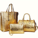 3pcs/set Golden Luxury Top Handle Tote Bag, Crocodile Print Satchel Handbag, Women's Fashion Shoulder Bag, Crossbody Bag & Purse