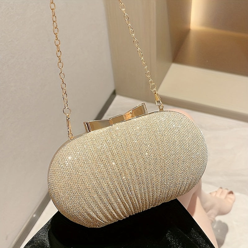 Elegant Glitter Bow Knot Clutch Bag - Buckle Closure, Polyester Lining, Metal Chain Strap, Solid Color, Perfect for Party and Dinner Events - Stylish and Versatile Evening Handbag