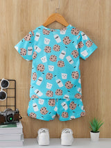 Boys Cartoon Biscuit And Milk Outfit Shorts & T-shirt Short Sleeves Crew Neck Casual Summer Kids Clothes