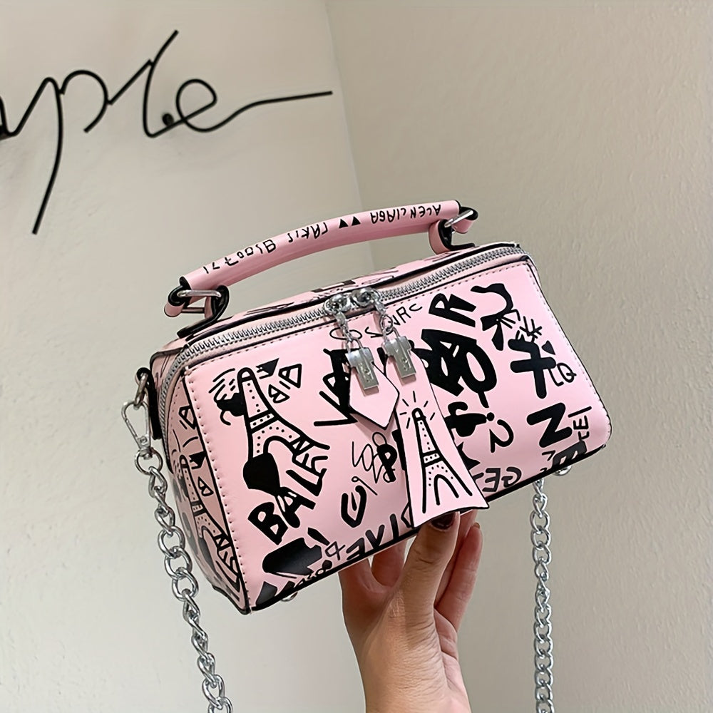 Vibrant Graffiti Small Zipper Box Crossbody Handbag for Women - Trendy Chain Strap, Stylish Design, Compact Size, Easy-Close Zipper, Perfect for Daily Use - Ideal Accessory for Fashion-Conscious Ladies