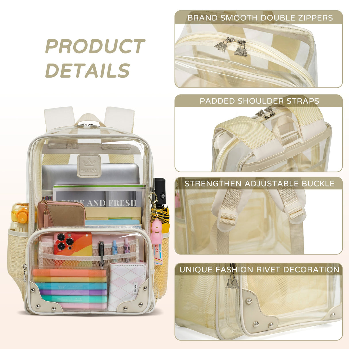 Clear Backpack for Women Men Stadium Events TPU Transparent Travel Backpacks Large Laptop College Bookbags Kids Elementary School Bag for Girls Boys Teens Student Causal Daypack-Beige