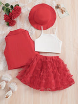 4-Piece Girl's Vest, Camisole, Hat, and Elastic Waist Skirt Set - Butterfly Mesh Decor, Cute Trendy Outfits for Summer, Breathable, Comfortable, and Adorable Kids Clothes for Little Princesses