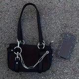 Black Solid Color Trendy Shoulder Bag, Chain Decor Versatile Underarm Bag, Zipper Nylon Stylish Handbag Tote Bag