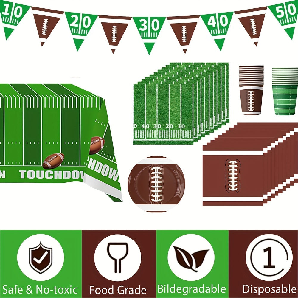 [Football Party Essentials] 60pcs Football Party Supplies Kit - Dinner Plates, Dessert Plates, Napkins, Cups, Banner and Touchdown Tablecloth - Football Birthday Party Gameday Tailgate Party Decorations