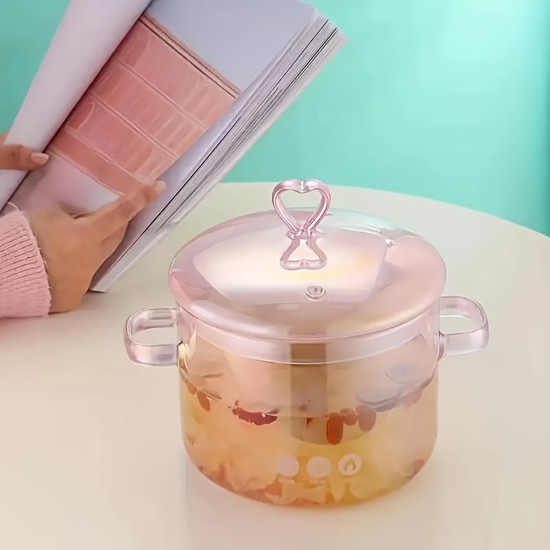 Love Heart Pink Borosilicate Glass Stockpot with Ergonomic Dual Handles, Transparent Multi-use Stew Pot with Safety Lid - Nutrient-Retaining Cooking Pot, 50.72oz - Trendy Kitchenware