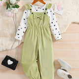Girl's 2pcs, Bowknot Decor Corduroy Overalls & Heart Allover Print Top Set, Casual Outfits, Kids Clothes For Spring Fall