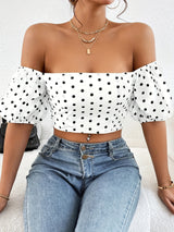 Vintage Chic Polka-Dot Print Tie-Back Crop Blouse - Women's Off Shoulder Crop Tops for Spring & Summer - Breathable, Lightweight, Comfortable, Relaxed Fit Clothing