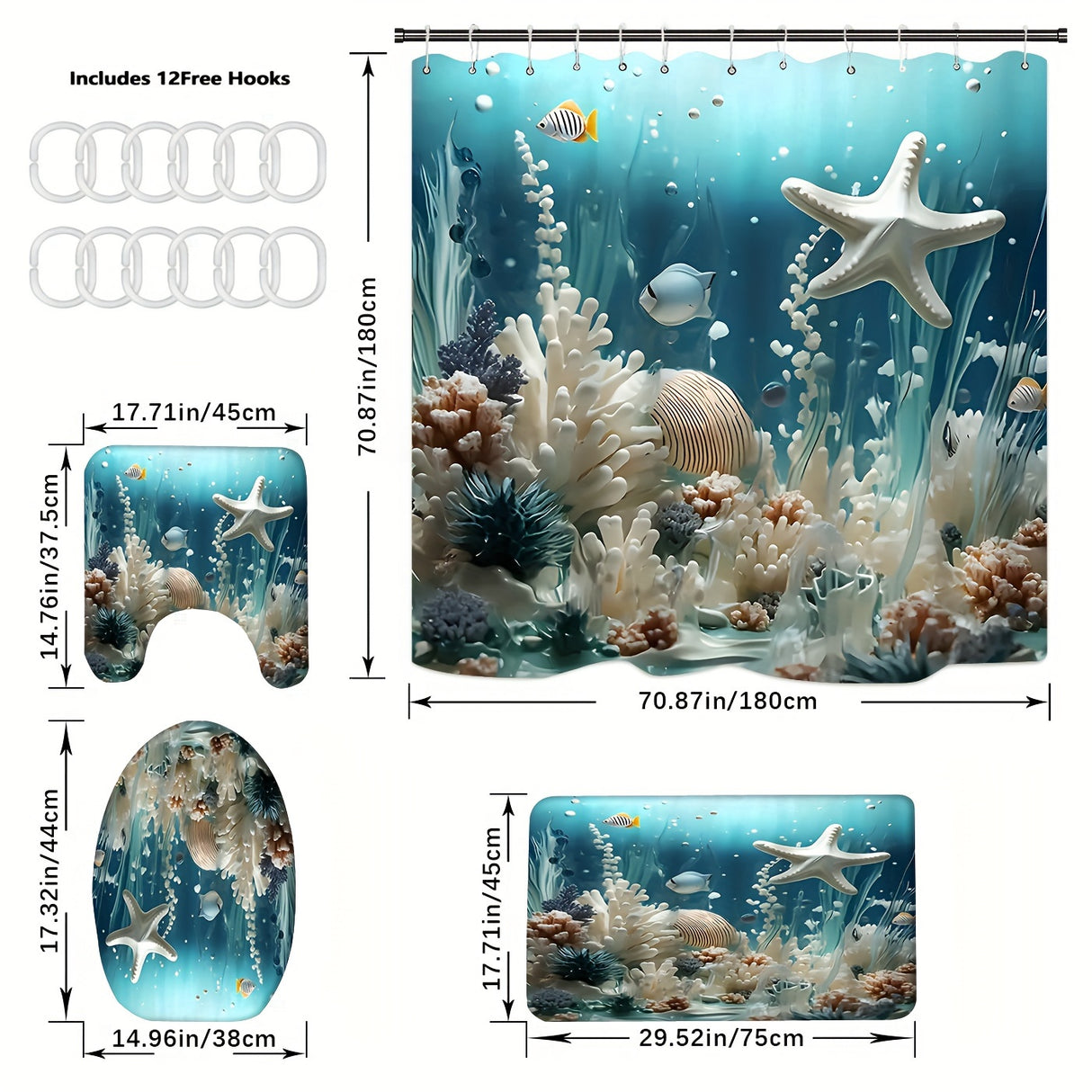 1/4pcs Ocean Breeze Blue Coral Print Shower Curtain Set - Water-Resistant, Non-Slip, Decorative Bathroom Essentials With 12 Hooks - Polyester, Unlined, Grommet Top, Woven Weave, All-Season Bathroom Accessories For Home Decora