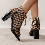Women's Leopard Print Mesh Block High Heels, Fashion Peep Toe Lace Up & Back Zipper Sandals, Sexy Dress Shoes