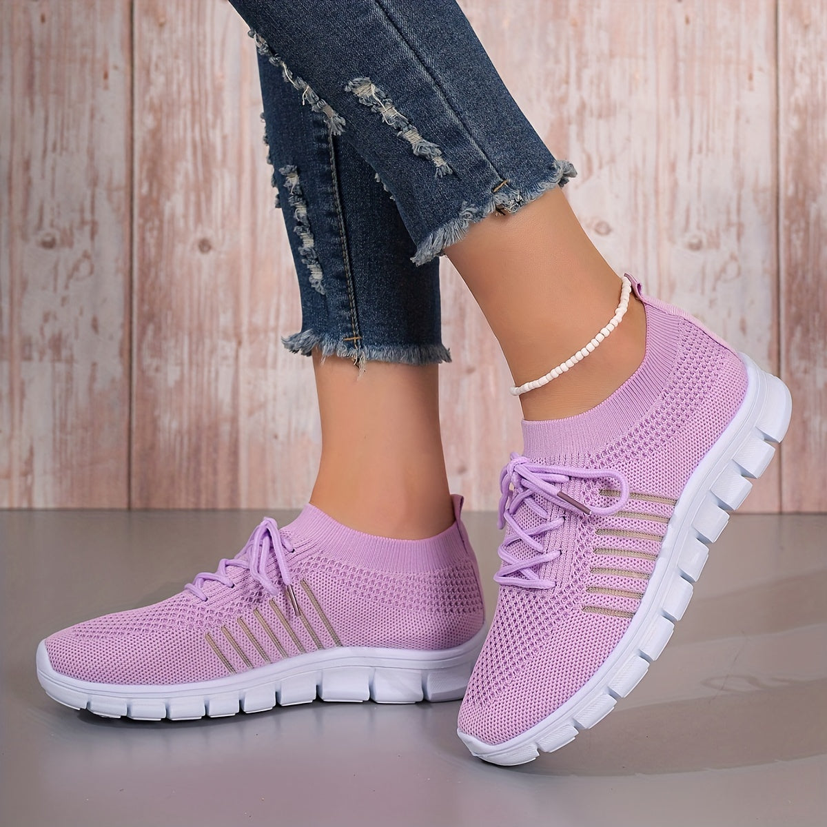 Womens All-Season Lace Up Knit Sneakers - Breathable Mesh Upper, Comfortable Fabric Insole, EVA Sole, Versatile Solid Color Running Shoes for Casual Wear