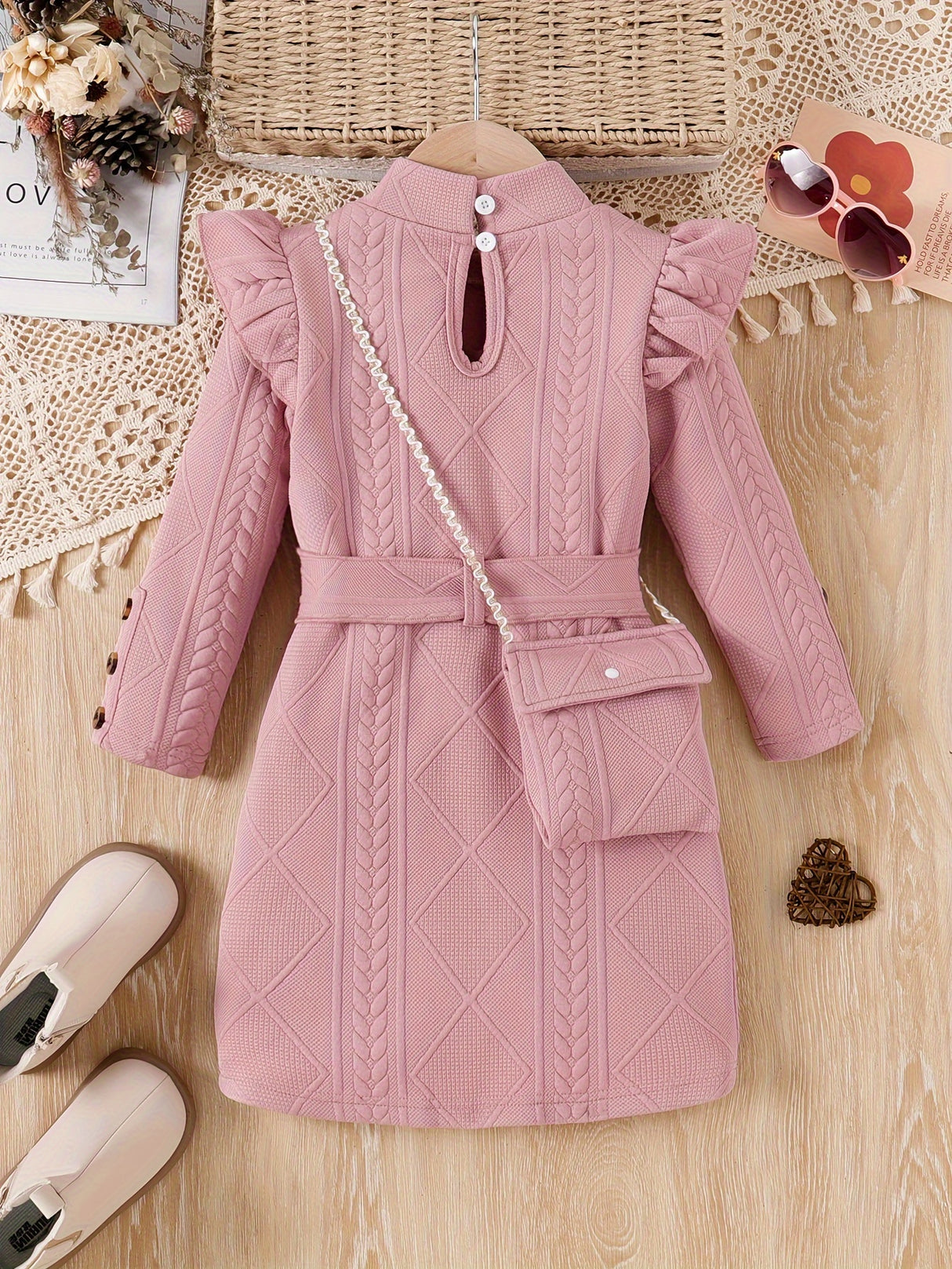 New Spring and Autumn Children's Plain Color Trendy Flying Sleeve Long Sleeve Water Drop Buckle Straight Dress + Belt + Bag