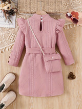 New Spring and Autumn Children's Plain Color Trendy Flying Sleeve Long Sleeve Water Drop Buckle Straight Dress + Belt + Bag