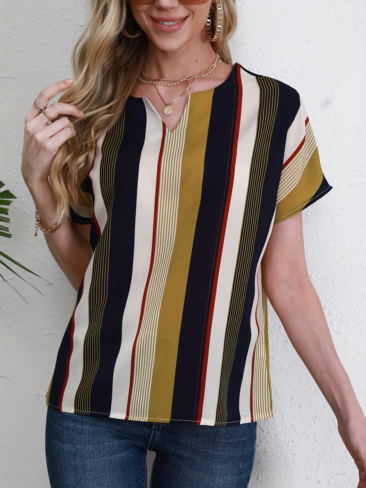 Striped Notched Neck Blouse, Casual Short Sleeve Blouse For Spring & Summer, Women's Clothing