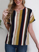 Striped Notched Neck Blouse, Casual Short Sleeve Blouse For Spring & Summer, Women's Clothing