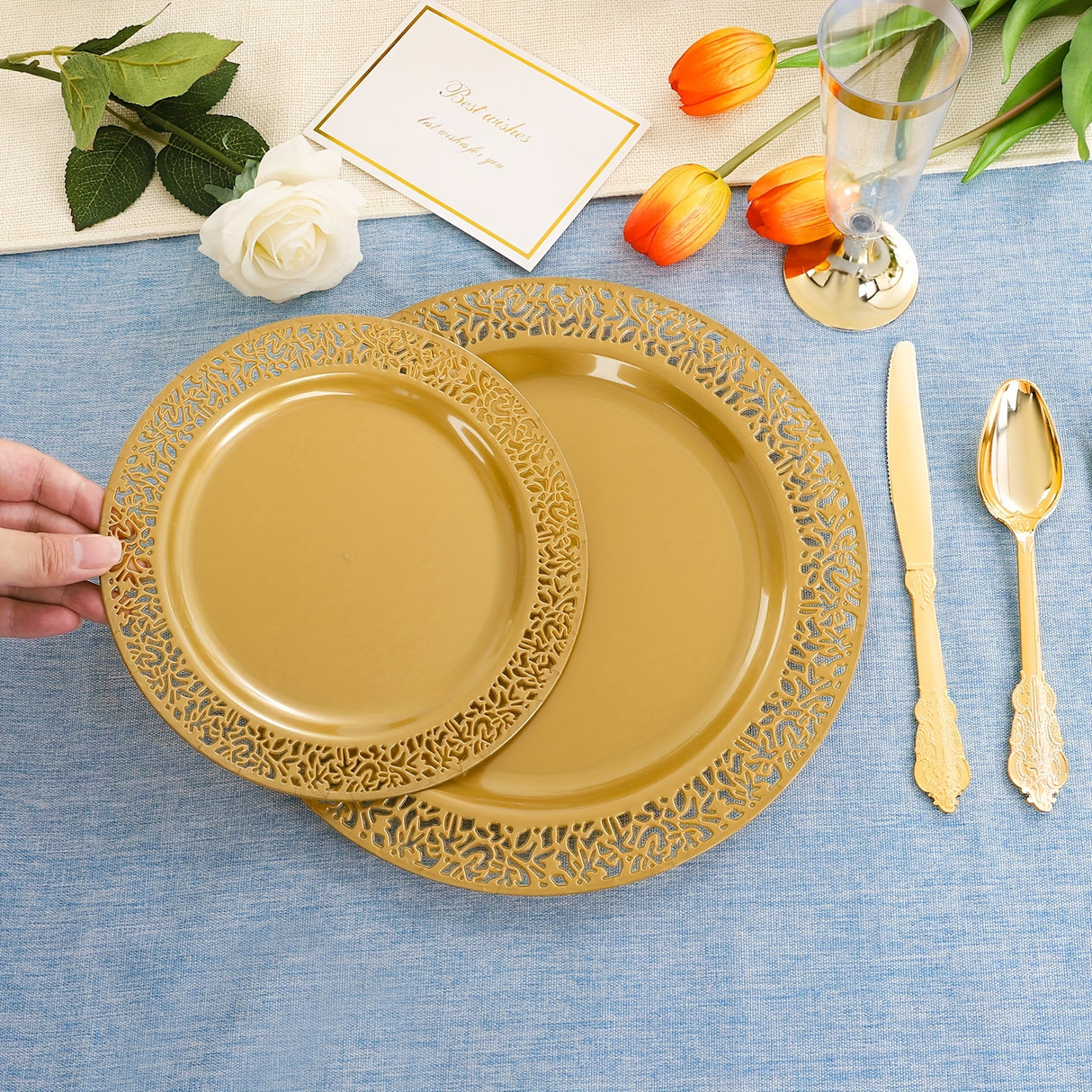 210pcs Solid Golden Disposable Plates with Golden Plastic Silverware and Cups for Party, Golden Plastic Plates Include: 30 Dinner Plates 30 Dessert Plates 30 Rolled Napkins with Cutlery 30 Cups
