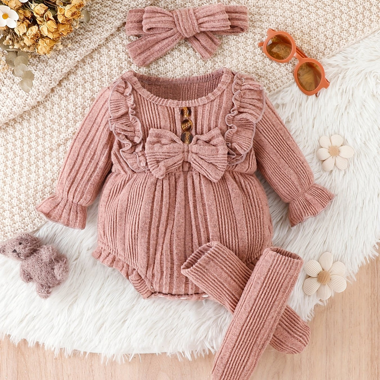 3pcs Baby Girl Ruffled Lace Bow Onesie & Headband & Socks Outdoor Set, Fall Winter Warm Outwear, Pregnant Mom's Gift