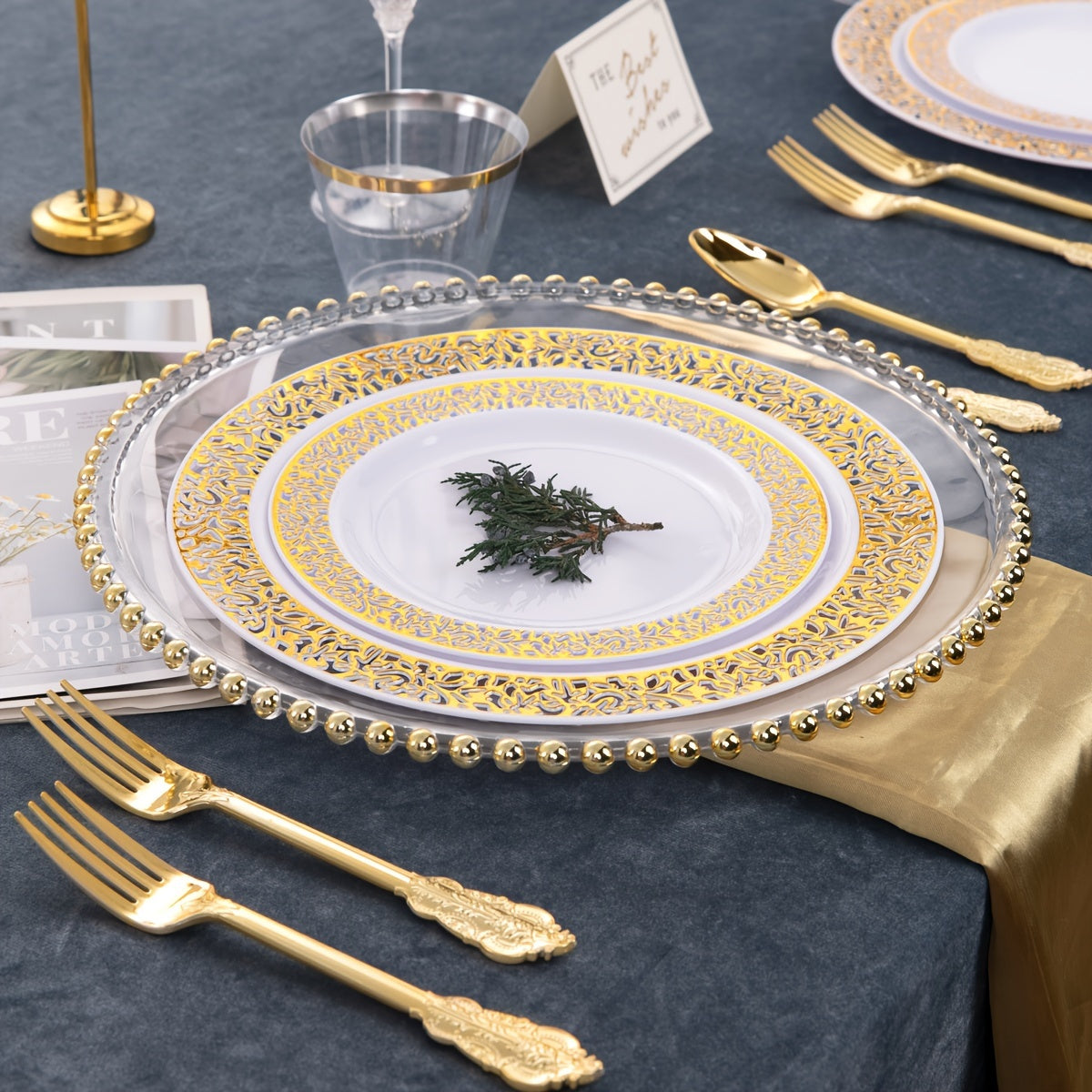 350 Piece Disposable Plastic Dinnerware Set, Golden Lace Design, 50 Dinner Plates, 50 Dessert Plates, 50 Golden Silverware, 50 Golden Cups, 50 Napkins for Thanksgiving Party