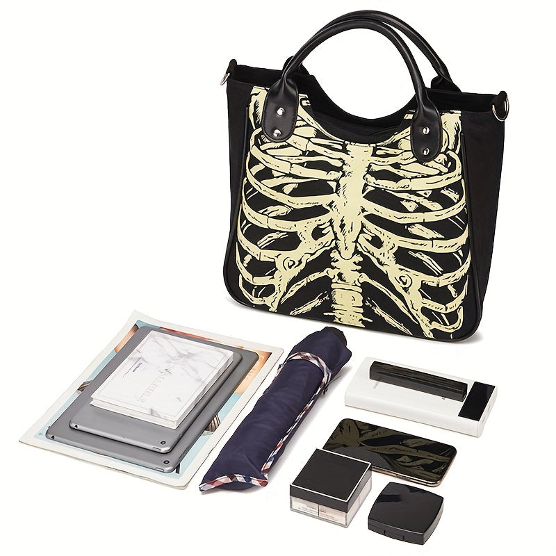 Halloween Skeleton Print Handbag, Luminous Horror Night Canvas Crossbody Bag, Gothic Ghost Skull Elf Tote Bag - Perfect for Carnival Mardi Gras Music Festival