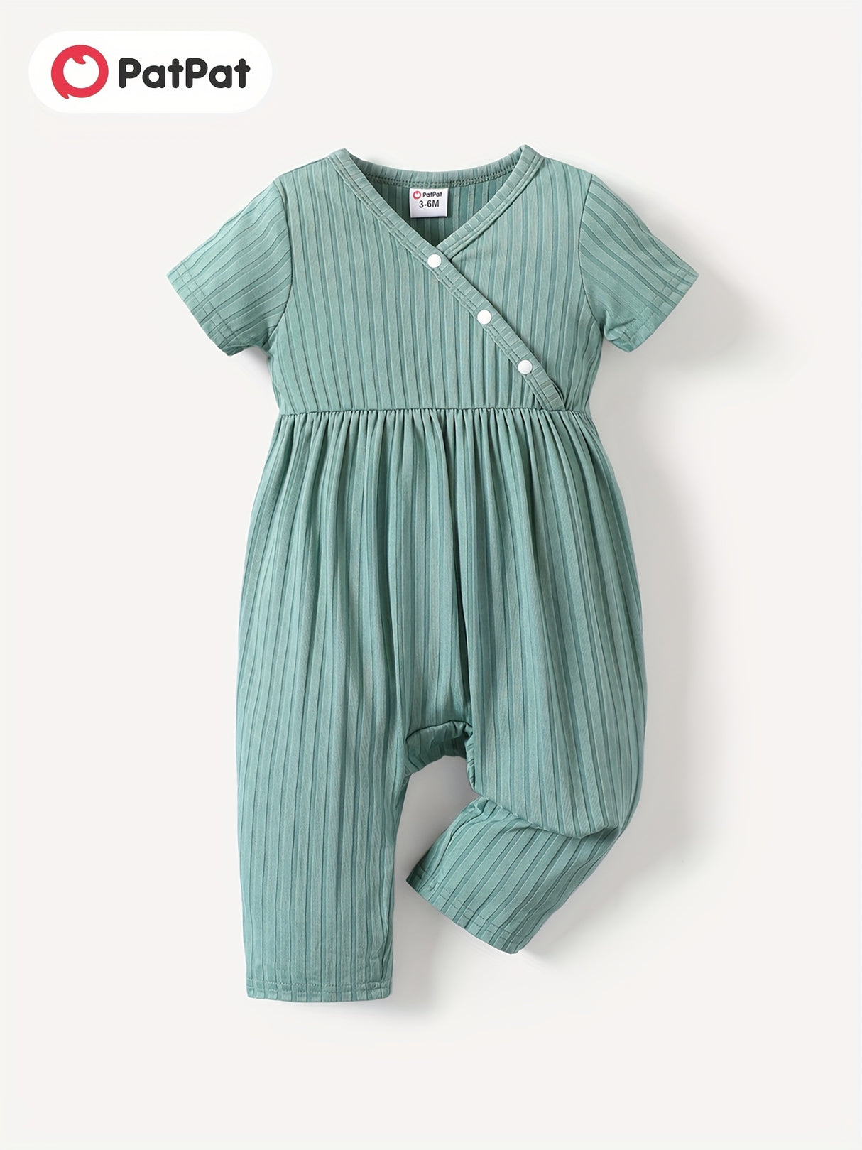 PatPat Baby Girl Cute All Over Rabbit Print/Solid Ribbed V Neck Short-sleeve Jumpsuit For Summer Outdoor Wear