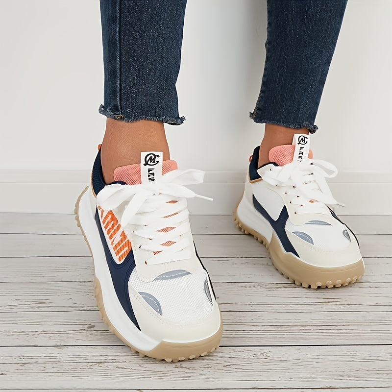 Women Thick Sole Shock Absorption Chunky Sneakers, Wear Resistance Lace Up Sport Shoes, Casual Versatile Breathable Comfortable Running Shoes