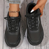 Women's Black Non-slip Sneakers, Casual Lace Up Faux Leather Running Shoes, Lightweight Outdoor Jogging Shoes