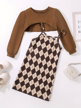 Trendy Girl's 2pcs, Plaid Pattern Sundress & Crop Sweatshirt Set, Casual Outfits, Kids Clothes For Spring Autumn