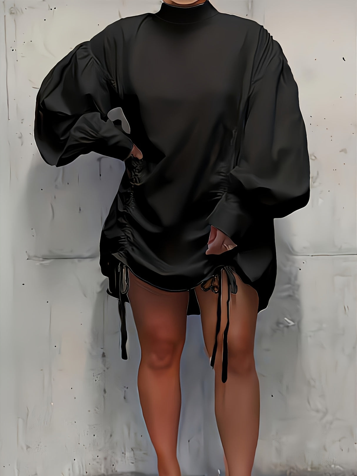 Elegant Polyester Bodycon Dress for Women - Spring/Summer Crew Neck Solid Color with Lantern Sleeves and Drawstring Detail