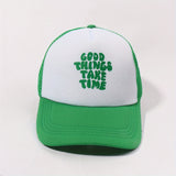 Printed Mesh Trucker Hat Good Things Take Time Color Block Baseball Cap Unisex Simple Breathable Dad Hats For Women Men