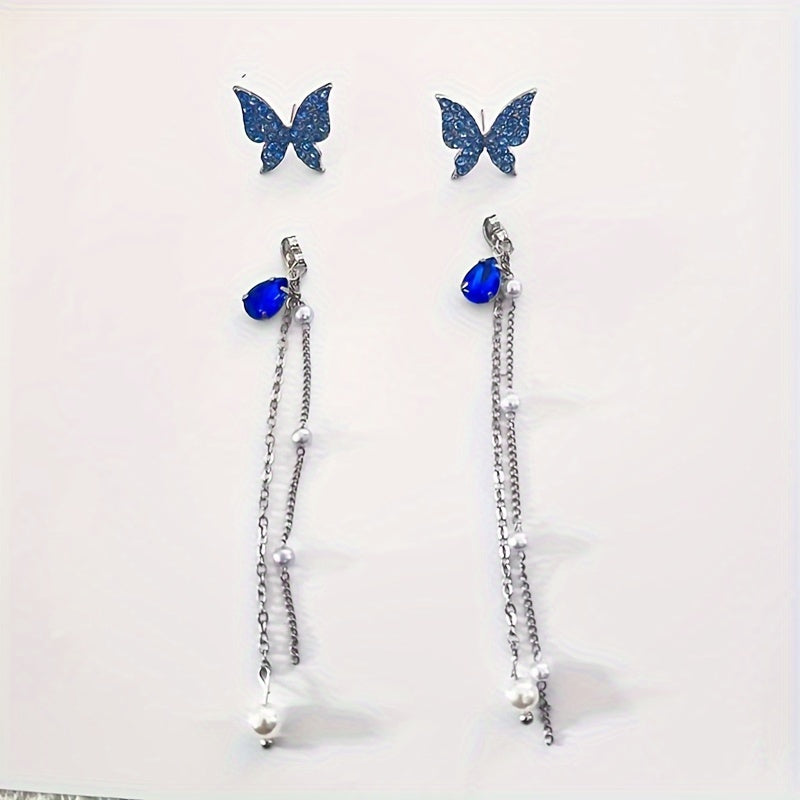 Chic Purple Butterfly Pearl Tassel Earrings - Whimsical Animal Pattern, Japanese & Korean Style, Versatile for All Occasions