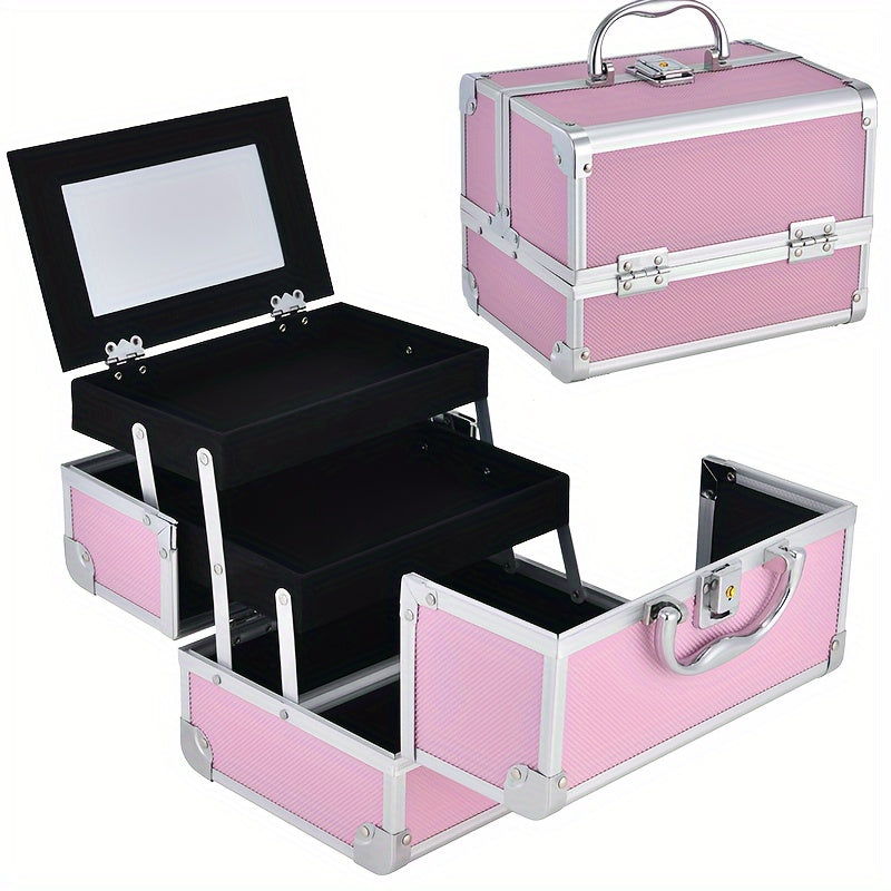 Professional Makeup Artist Travel Case - 6.7x6.7x9" Portable Cosmetic Organizer with Mirror, Brush Holder & Lockable Key - Ideal for Jewelry Storage & Bathroom Essentials
