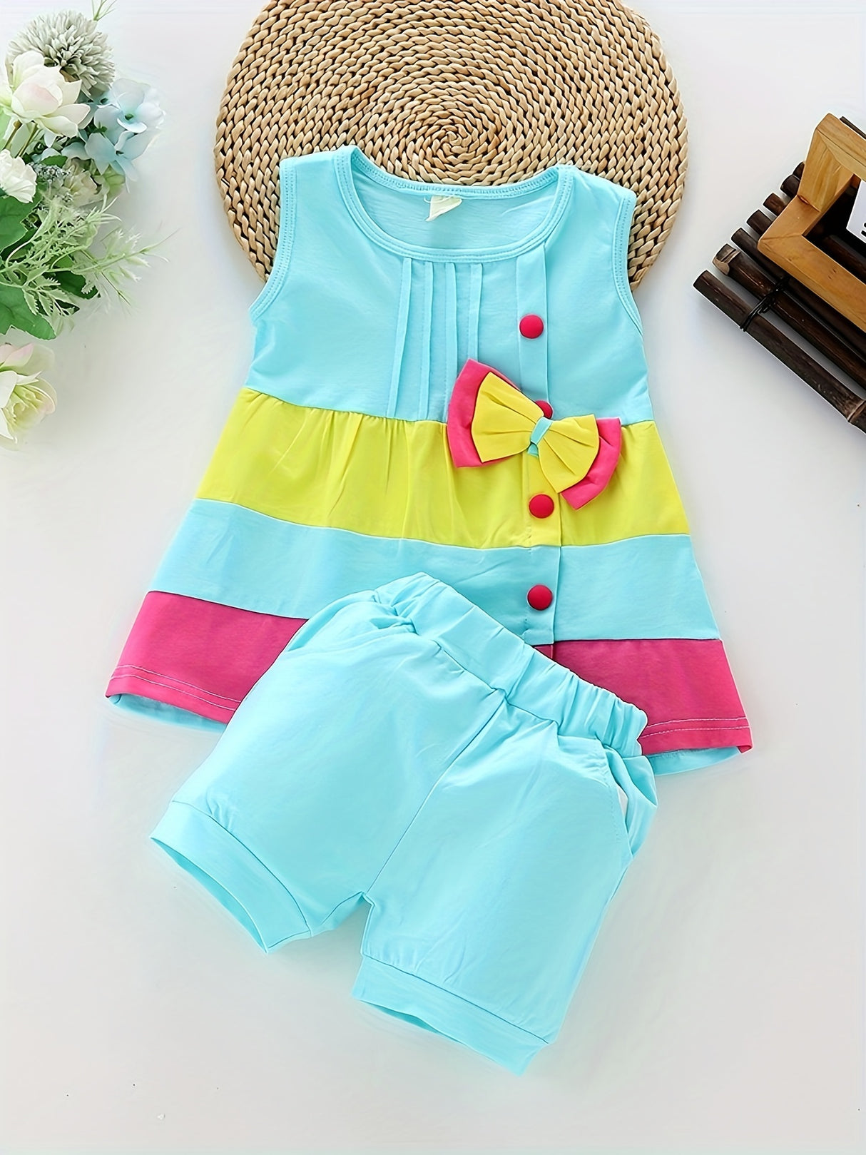 Baby girl fashion summer bow patchwork vest shorts two-piece set of western-style outfits, Perfect for Outdoor