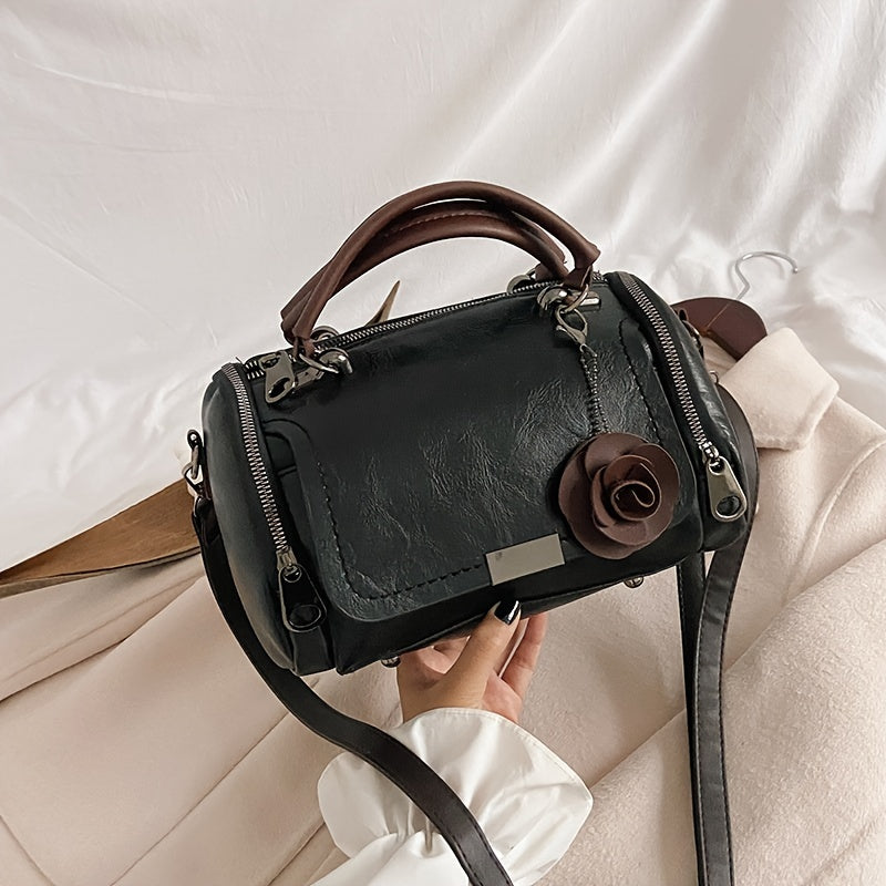 Women'S Boston Handbag with Flower Pendant, Solid Color Zippered Satchel, Polyester Lined, Painted Edges, Messenger Bag for Occasions