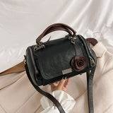 Women'S Boston Handbag with Flower Pendant, Solid Color Zippered Satchel, Polyester Lined, Painted Edges, Messenger Bag for Occasions