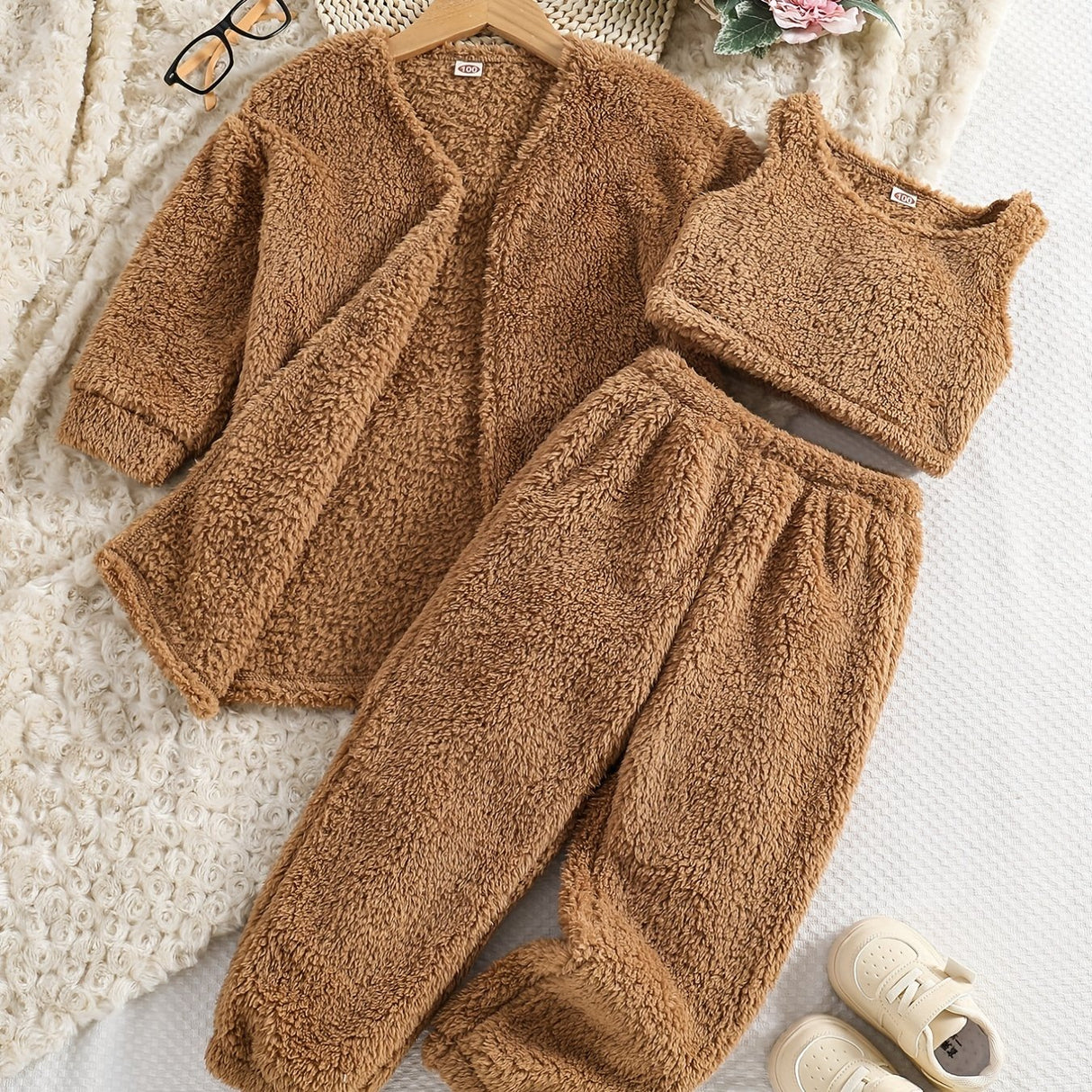 Double-sided Fleece 3pc Sets Toddler Girls Open Fron Jacket & Cami Tank Top & Jogger Pants Kids Clothes For Fall Winter Party