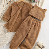 Double-sided Fleece 3pc Sets Toddler Girls Open Fron Jacket & Cami Tank Top & Jogger Pants Kids Clothes For Fall Winter Party