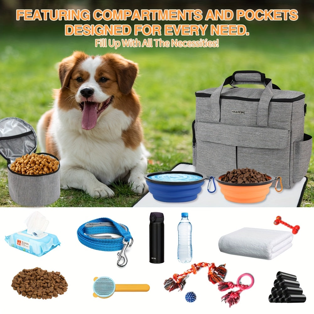 Travel Bag for Pets, a Weekend Travel Set for Dogs And Cats, Airline-Approved Tote Bag with Storage, Featuring Multiple Pockets, 2 Pet Food Containers, And 2 Collapsible Silicone Bowls.
