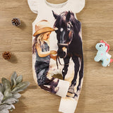 Adorable Western-Themed Baby Girl Romper - Sleeveless, Round Neck with Cute Horse Print, Perfect for Spring/Summer, Western Baby Girl Clothes, Perfect for Outdoor