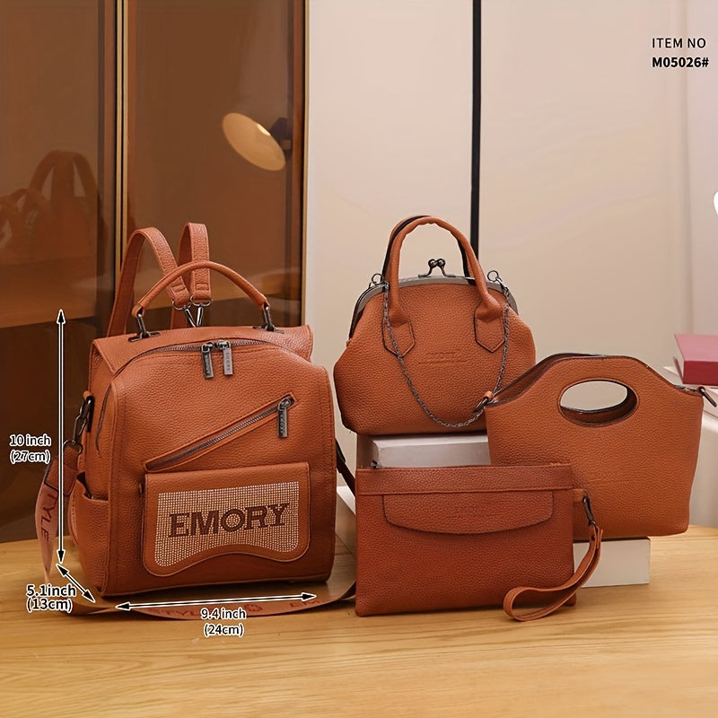 4PCS Vintage Convertible Backpack Set, Retro Fashion Tote Bag, Women's Casual Handbag & Shoulder Purse & Wristlet
