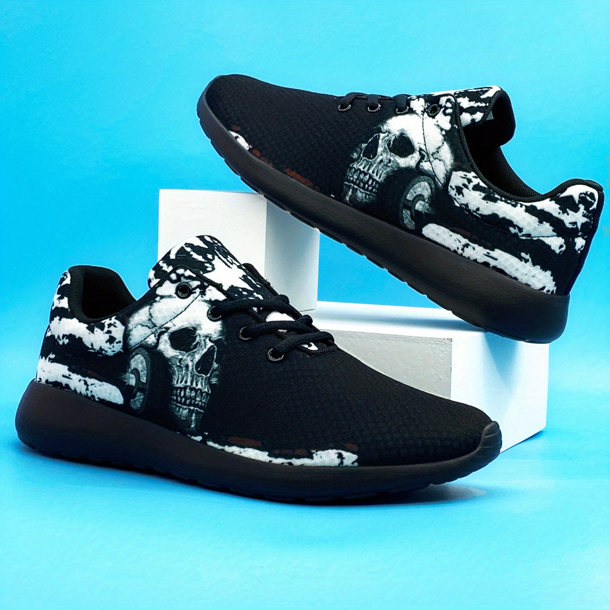 Mens Punk Skull Trendy Running Shoes - Lightweight, Breathable, Comfy, and Stylish for Spring and Summer, Perfect for Halloween and Casual Outdoor Activities
