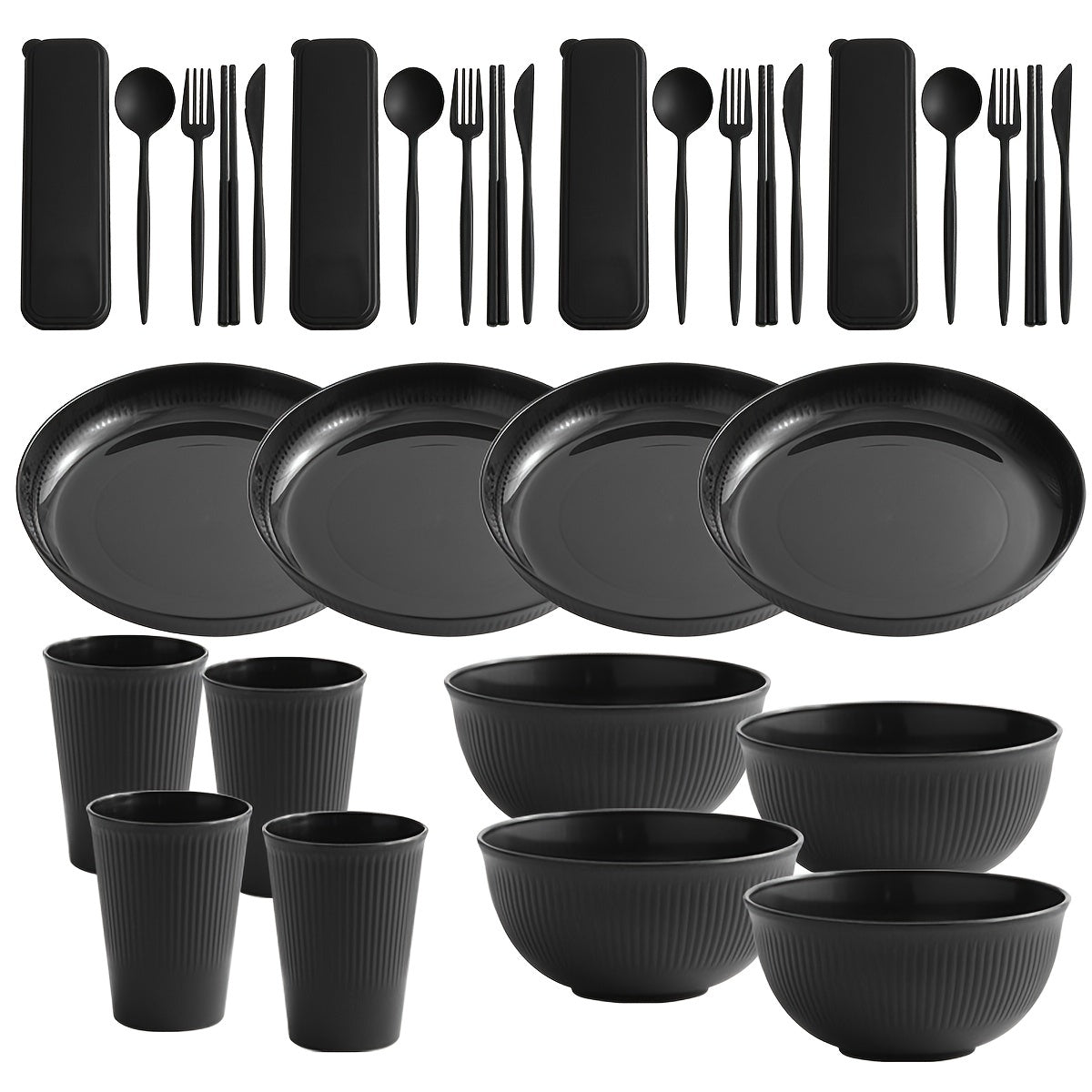 32pcs Modern Plastic Dinnerware Set - Round Tableware with Holiday Theme, Includes Plates, Bowls, Cups, Knives, Forks, Spoons, Chopsticks - Durable, Anti-Fall Design for Home, Restaurant, Outdoor Use