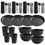 32pcs Modern Plastic Dinnerware Set - Round Tableware with Holiday Theme, Includes Plates, Bowls, Cups, Knives, Forks, Spoons, Chopsticks - Durable, Anti-Fall Design for Home, Restaurant, Outdoor Use