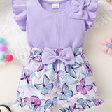 2pcs Set Of Elegant, Sweet And Cute Details For Little Girls, Butterfly Bow Ruffle Top And Butterfly Print Shorts Suitable For Summer Leisure Vacation Parties, for Outdoor