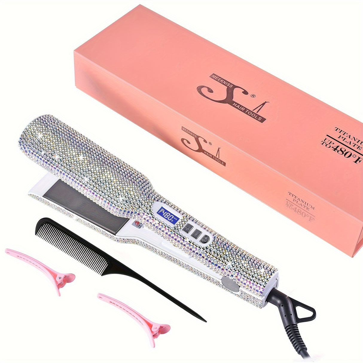 Hair Straightener, Crystal Rhinestone Decor Professional Hair Straightener Flat Iron, 1.7 Inch Titanium Flat Iron Straightening Iron, High Heat 480 °F, Bling Titanium Hair Flat Iron