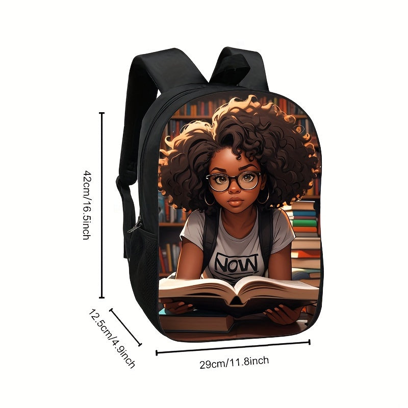 Chic Afro Girl Reading Nook Print Backpack - Lightweight, Durable Polyester School Bag with Detachable Straps for Teens & Students